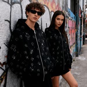 Nouveautés Fournisseur de Hoodies : Hoodie Unisexe Oversize à Épaules Tombantes avec Fermeture Éclair Intégrale et Impression Graphique Personnalisée Strass Croisés - Product Image 2