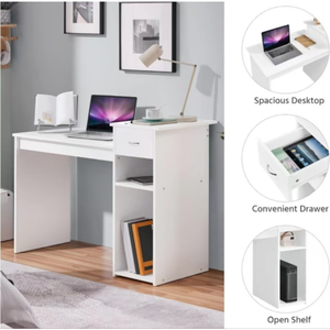 Bàn máy tính nhỏ màu trắng có ngăn kéo và giá máy in, bàn học và viết bằng gỗ - Product Image 1