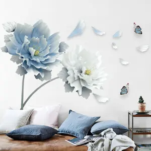 Vente en gros autocollant mural 3D fleur Lotus papillon Décoration intérieure Salon TV Fond d'écran grand papier peint en PVC Autocollant de dessins