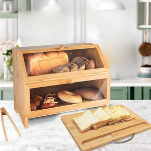 Boîte à pain double couche en bambou 15,4x12,6x9,8 pouces, anti-poussière et anti-humidité, avec planche à découper et pinces - Product Image 4