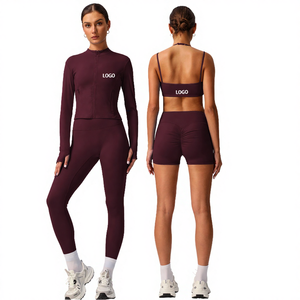 ชุดออกกำลังกายโยคะฟิตเนส เสื้อชั้นในแบบสปอร์ตผูกคอสองสาย กางเกงขาสั้นเอวสูงสีพีช ผ้ายืดสี่ทาง - Product Image 4