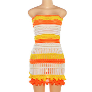 Vestido <span class=keywords><strong>de</strong></span> tubo <span class=keywords><strong>de</strong></span> punto para mujer elegante verano Patchwork rayas volantes dobladillo ajustado elástico Bodycon Clubwear Sexy Night Club Vestido corto - Product Image 6