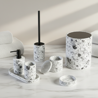 Ensemble d'accessoires de salle de bain en résine terrazzo noir et blanc, 7 pièces, écologique, distributeur de savon, porte-brosse de toilette, poubelle pour maison moderne