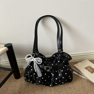 Bolso de Hombro con Estampado de Lunares y Volantes para Mujer, Bolso de Mano con Hebilla de Perlas y Encaje para el Uso Diario - Product Image 6