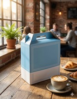 Dossier portable en carton bicolore bleu et blanc avec poignée intégrée, robuste et résistant, fabriqué au Vietnam à partir de matériaux recyclés, personnalisable