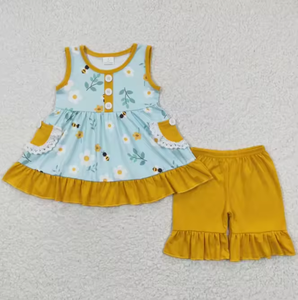 7 Styles de vêtements pour sœurs, vêtements d'été pour filles, hauts à imprimés floraux, shorts assortis, ensembles deux pièces pour filles - Product Image 3