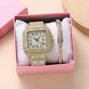 Goud Ijskoud Diamant Horloge Vierkant Vrouwen Quartz Horloges Armband Sets Relojes Para Mujer