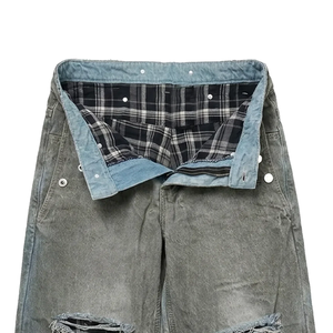 Custom Men Ripped Jeans Mud Wash Distressed Frayed Wide Leg Denim Trousers Plaid Patchwork Detail Vintage <strong>DenimPants</strong> - Product Image 3