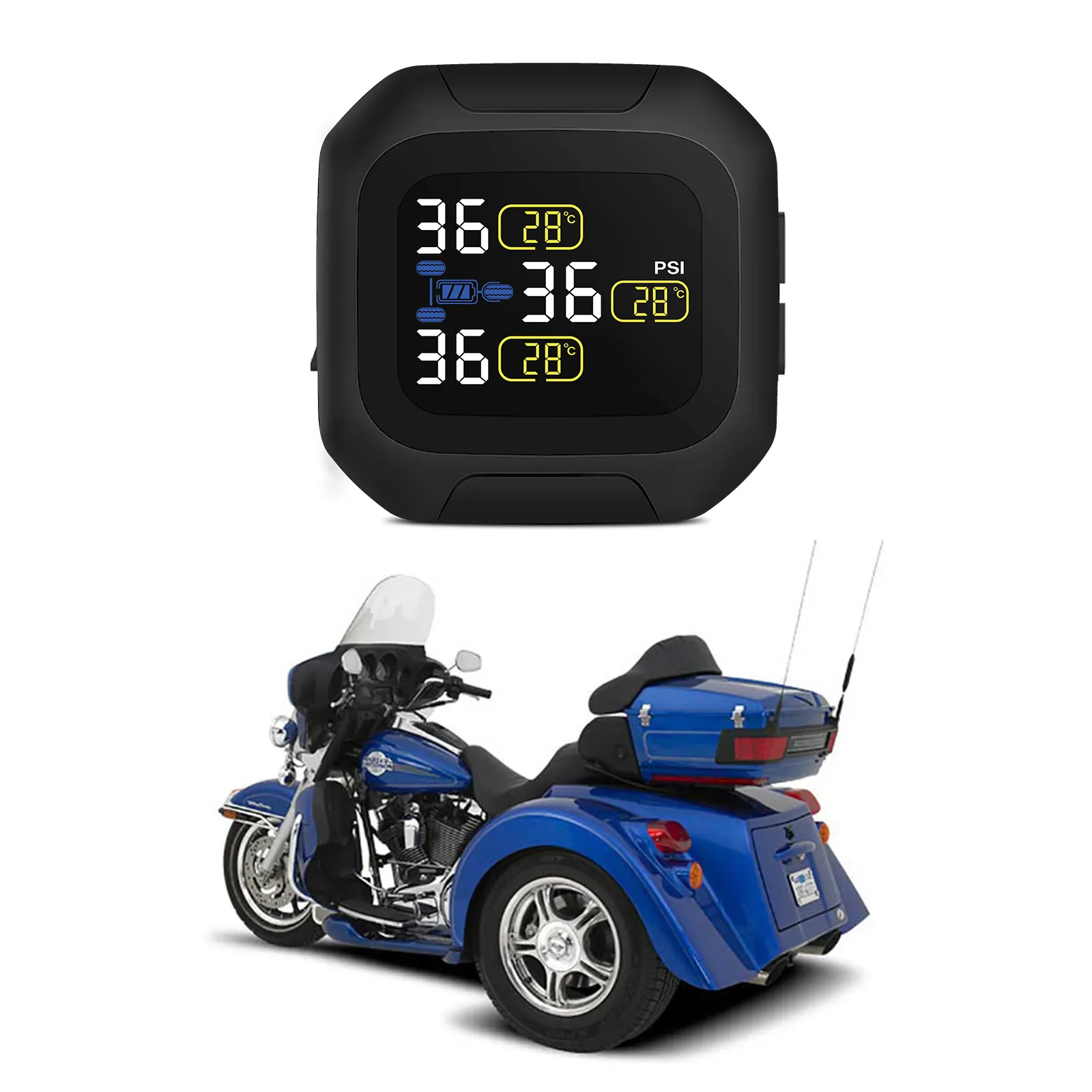 Three Wheeled Motorcycle Tire Pressure Monitoring Intelligent System TPMS and Three External Sensors
