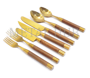 Ensemble de couverts de luxe brillant doré avec manche en bois et embout doré, couverts en acier inoxydable de qualité supérieure pour hôtel, mariage, restaurant - Product Image 3