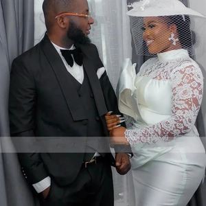 <span class=keywords><strong>Robe</strong></span> de Cocktail Courte Aso Ebi Personnalisée Coupe Sirène à Col Montant en Dentelle <span class=keywords><strong>Blanche</strong></span> pour Invitée de Mariage Manches Longues - Product Image 2