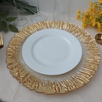 Assiettes de présentation rondes en verre transparent de 13 pouces avec bord doré pour la décoration de table lors de fêtes et événements