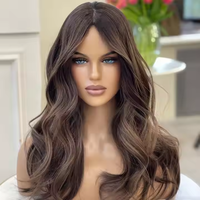 Perruque longue ondulée naturelle avec frange rideau, mèches brun foncé, cheveux humains pour femmes, blond miel mélangé brun doré
