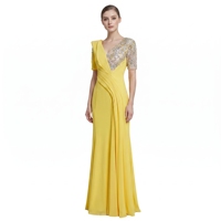 Robe de soirée jaune vif pour femme, élégante, avec sequins et cristaux, col en V asymétrique, drapée et plissée, pour invitée de mariage, personnalisable OEM/ODM