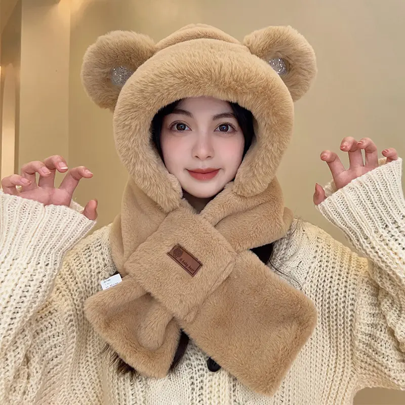 Gorro con orejas de oso para invierno, bufanda versión coreana de todo, gorro cálido de felpa con capucha