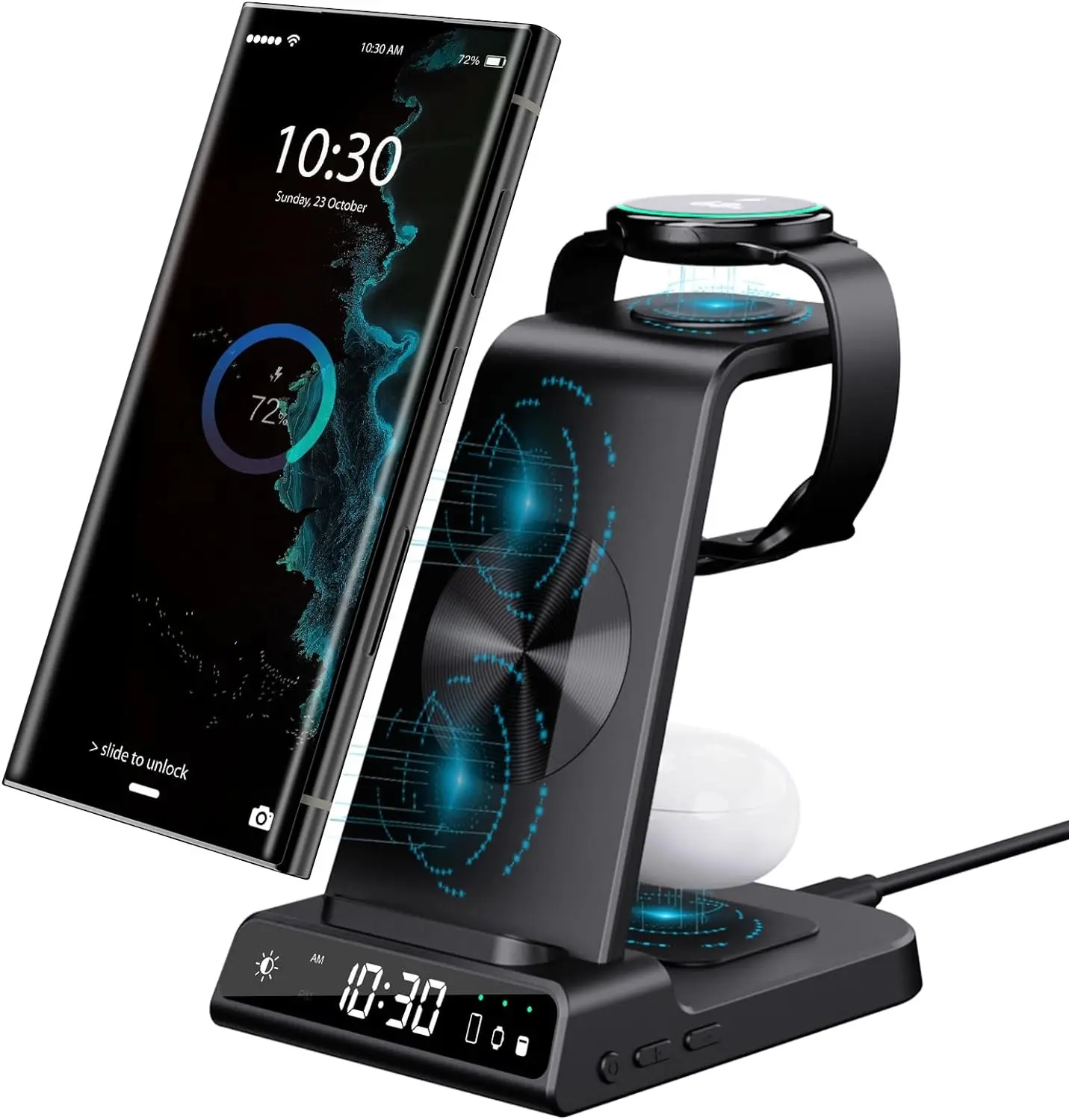 Alarm jam Dok Android 3 in 1, stasiun pengisian daya nirkabel, Alarm jam Dok Android untuk telepon dan jam dan earbud