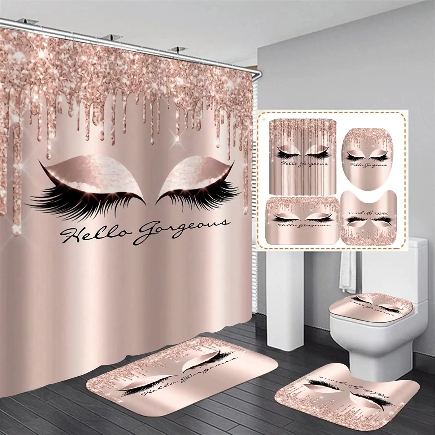 Customized Designer Wholesale Waterproof 4 Pcs Set Eyelash Luxury Shower Curtains Sets For Bathroom