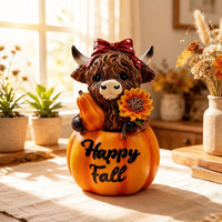 Patung Resin Sapi Hutan Hiasan Meja Gaya Farmhouse dengan Alas Labu dan Aksen Gandum, untuk Halloween dan Thanksgiving