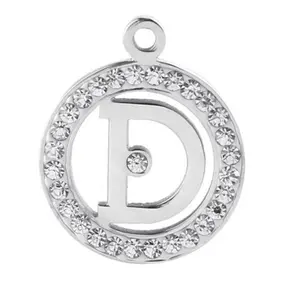Yiwu Aceon Stainless Steel Single Stone Set Initial Letter Capital D Inside Circle Crystal Paved Edge Round Charm
