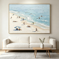 Tableau mural encadré style impasto, motif ciel bleu ensoleillé et plage de surf, décoration thème littoral pour famille, complexe hôtelier, club de plage, villa de location