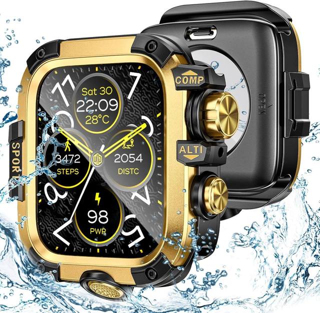 Full Protective Tempered Glass + Metal + PC Case for Apple Watch 44MM 45MM Waterproof Rugged Bumper Modified Case