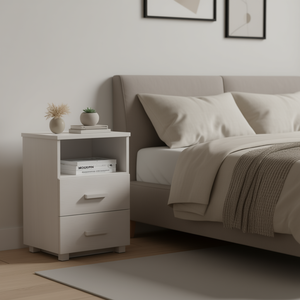 White Compact Nightstand With 2 Drawers And Open <b>Shelf</b> Modern Bedroom Furniture For Bedside Use - Product Image 2