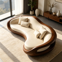 Cremeweiße Moderne Dreisitzer-Chaiselongue-Sofa mit Gebogener Form, Fiberglas-Holzmaserung-Furnier-Rahmen, Organische Wellenform für Wohnzimmer