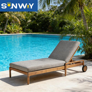 Nouvelle arrivée : chaise longue en teck massif avec roulettes, style nordique, pour jardin, hôtel, <span class=keywords><strong>piscine</strong></span>. - Product Image 1