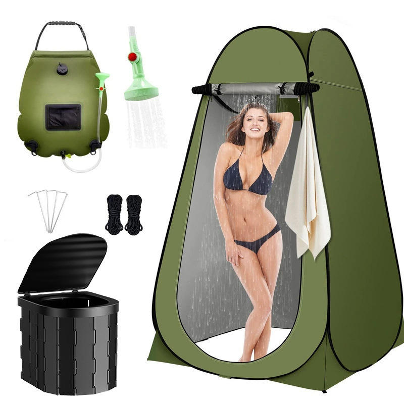 1.2-meter military green tent + black toilet with lid + green shower bag