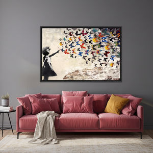 Vibrant Girl with Butterflies Graffiti Art Print on Printed Canvas,<b>BLACK</b> <b>FRAMED</b> CANVAS - Product Image 3