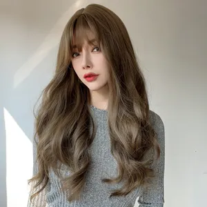 SMILCO Korean style wig with air brown bangs temperament large wave women wig custom wig tags
