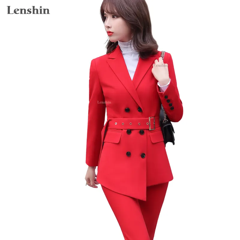 China Fabriek Direct Verkopen 2 Piece Pak Set Vrouwen Rode Broek Past Business Office Lady Werkkleding Formele Blazer Met sjerpen