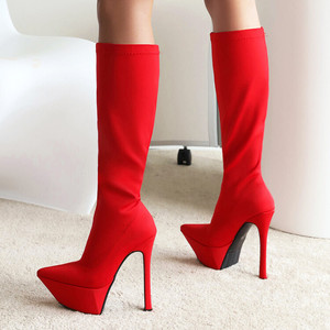 Bright Color Botas Mujer Pointed Toe Thick Sole Sexy Stiletto Supper High Women Platform <b>Boots</b> - Product Image 6