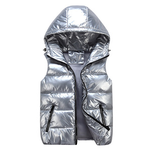 Winter Sleeveless Glossy <strong>Puffer</strong> <strong>Vest</strong> Jacket Custom Logo Waterproof <strong>Shiny</strong> Bubble Women Hooded Gilet Kids <strong>Men</strong> <strong>Vests</strong> With Hoodie