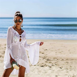 Vestido de playa de punto calado de color liso con manga larga para mujer, con cuello en V y cordón, para cubrir el bikini - Product Image 3