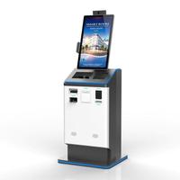 Kiosque d'auto-enregistrement hôtelier avec lecteur de passeport, écran tactile et distributeur de billets