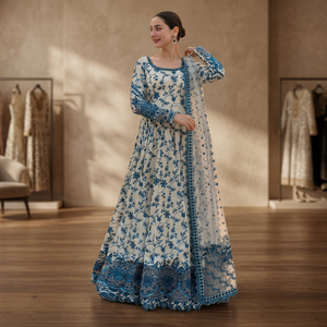 Vestido Maxi de Cintura Imperio Hecho a Mano por Faiza Saqlain con Estampado Floral, Dupatta de Organza Bordada y Cuello Cuadrado - Product Image 3