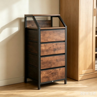 Commode de rangement haute de style industriel vintage avec 4 tiroirs en tissu non tissé et étagère supérieure en bois rustique, servant également de table d'appoint pour la maison, le bureau ou le salon