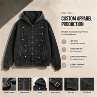 Veste à capuche vintage délavée à multiples boutons et bretelles, coupe ample, épaules tombantes, style streetwear décontracté