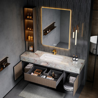 Muebles de Baño Flotantes de Lujo para Hotel, con Encimera de Piedra Sinterizada, Gabinete de Madera Sólida, Espejo LED Inteligente, Lavabo Integrado