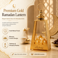 Lanterne de Ramadan en métal doré, décoration islamique pour l'Aïd, lanterne à suspendre ou à poser, porte-bougie, vente en gros OEM