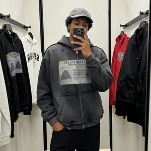 Hoodie unisexe court en tissu éponge, déchiré, brodé, imprimé, style Y2K, oversize, streetwear, avec fermeture éclair - Product Image 1