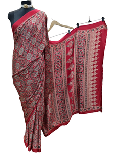 Women's Red Ajrakh Printed Satin Crepe Saree Top Selling Lightweight <b>Wedding</b> Ethnic Wear for Parties Including Jewelry <b>Other</b> - Product Image 4