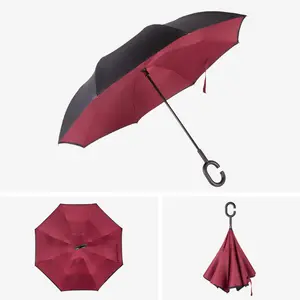 Windproof Reverse Umbrella Folding Double Layer Inverted Umbrella C- Hook Self Stand Rain Umbrella