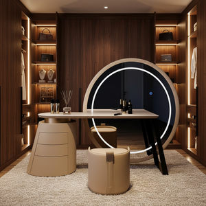 Ensemble coiffeuse compact moderne européen en bois massif avec miroir éclairé et tabouret, gain de place, multifonction, pour chambre à coucher - Product Image 5