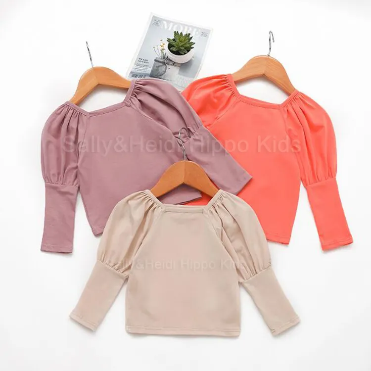 Customizable New Design Hight Quality Girls long Puff Sleeve 100% Cotton T Shirt Kids Girl Solid Color Shirt