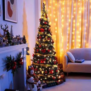 Árbol de Navidad Plegable de 2.1 m con Luces LED, Cintas, Flores y Bolas Navideñas para Decoraciones Festivas - Product Image 4