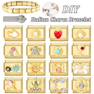 HP258 Bracelet DIY à modules italiens en acier inoxydable avec <span class=keywords><strong>base</strong></span> dorée, élément nuage blanche, fleur et breloque cœur, style 'Love' - Product Image 4
