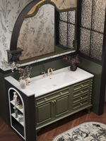 Ensemble de meubles de salle de bain en bois de caoutchouc et céramique de style vintage américain, sur pied, avec lavabo en dalle de roche intégré sans joint, intelligent