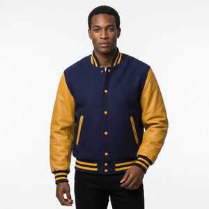 Veste de sport pour homme bleu marine avec manches en cuir PU jaune, col rabattu, fermeture à boutons, style preppy, vêtement d'automne - Product Image 1